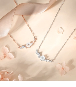 Detail of S925 silver flower and butterfly pendant with zircon and pearl texture