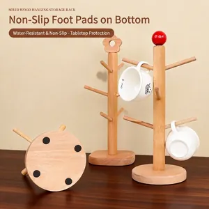 Solid wood tree-shaped mug holder with flower top and non-slip pads on base