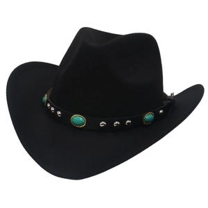 Detail of black felt western hat featuring silver studs and turquoise stone embellishments
