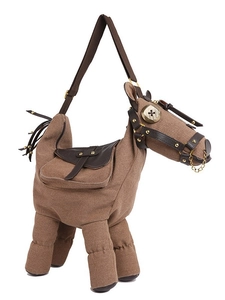 Unique horse-shaped canvas shoulder bag in brown with leather details and metal eye buttons