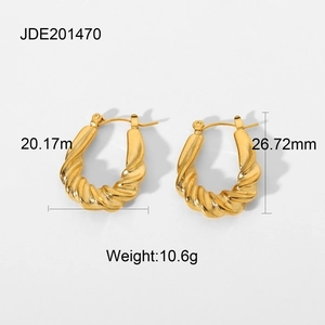 Chunky twisted croissant hoop earrings in 18k gold plated stainless steel with size details