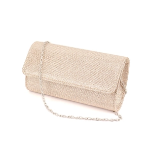 Champagne gold glitter evening clutch bag with fine silver chain strap on white backdrop