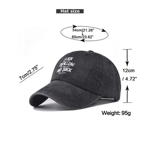 Detail view of washed dark grey cotton baseball cap with size and weight specifications