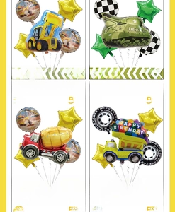 Detailed packaging of 5-piece construction vehicle and army tank foil balloon set