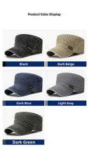 Flat top caps in washed cotton showing black beige navy gray and green color options