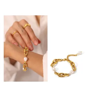 French Retro Freshwater Pearl Chain Bracelet 316L Stainless Steel 18K Gold Plated Vintage Punk Style Jewelry For Women