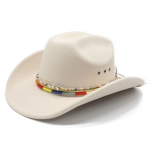 Chapeau De Cow-Boy Occidental Feutre De Coton Polyester Avec Bande Tressée Colorée Et Perles Ethniques Large Bord Extérieur Rétro Unisexe