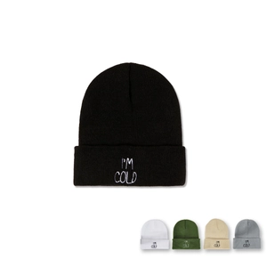 Unisex Knitted Beanie Hat Acrylic Warm Winter Cuff Cap With Embroidered I'M COLD Lettering Ribbed Soft