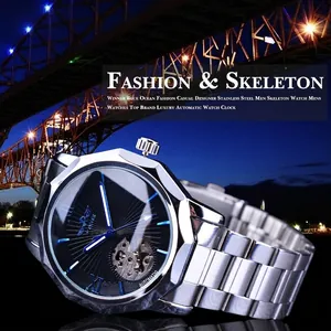 Winner automatic skeleton watch with black dial, blue markers, and octagonal steel case