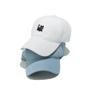 Trendy women's baseball cap set with cute cat embroidery in white and denim blue styles