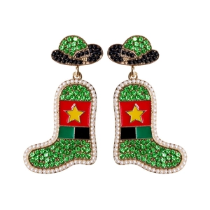 Detailed view of beaded cowboy boot earrings with colorful rhinestones and gold trim