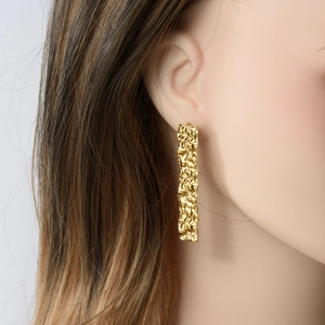 Elegant 304 stainless steel gold bar earrings featuring a modern crinkled lava texture design