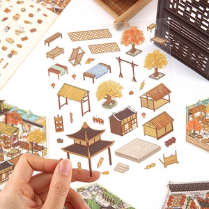 Creative Chinese style 3D landscape stickers featuring miniature pavilion and ancient trees