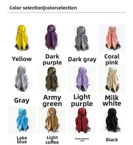 Detailed color chart showing 12 smooth satin square scarves with a glossy silk texture