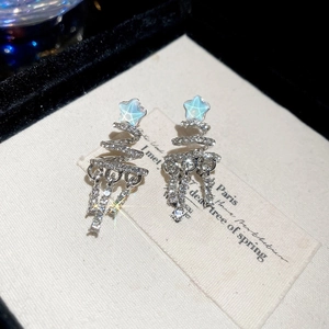Detail shot of silver Christmas tree earrings with sparkling zircon and blue star opal
