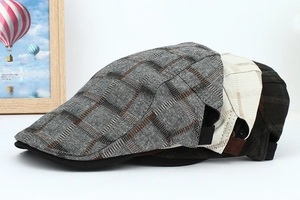 Men's vintage plaid flat cap set in grey, beige, and black breathable fabric styles