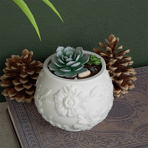 Detail eines weißen Keramik-Blumentopfs mit Blumenrelief und einer echten Sukkulente