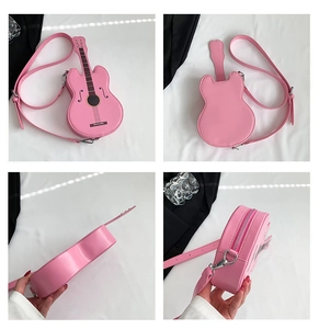 Detailed views of pink violin-shaped PU leather bag with adjustable strap and zipper