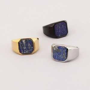 Retro stainless steel square lapis lazuli rings for men in gold, black, and silver finish
