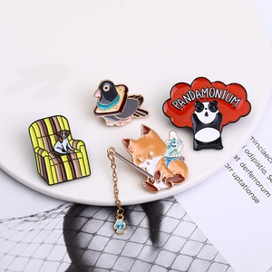 Cartoon Animal Enamel Pins Alloy Drip Oil Brooches Funny Dog Fox Panda Pigeon Backpack Clothing Accessories Decor