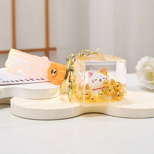 Lucky cat acrylic cube keychain with liquid oil, gold beads and orange silicone strap