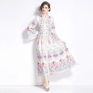 Ethnic style white floral maxi dress with stand collar and long sleeves for spring