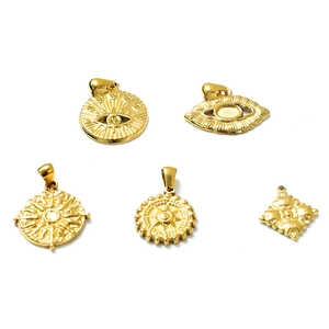 Five gold stainless steel evil eye and sunburst pendants for DIY jewelry making