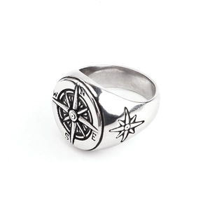 Detailed macro view of retro stainless steel compass ring with side star patterns