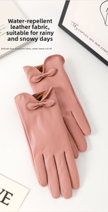 Guanti rosa impermeabili in pelle PU con fodera felpata e fiocco per donna