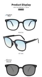 Detail view of foldable sunglasses in gradient blue and bright black with square frames