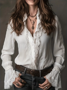 Women Lace Patchwork Blouse Vintage Bohemian V Neck Long Sleeve Button Down Shirt Loose Romantic Streetwear Top White