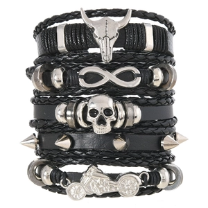 Men's Punk Leather Braided Bracelets Vintage Western Bull Skull Motorcycle Infinity Charms Multilayer Wristband Jewelry