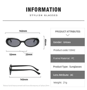 Size chart for oval sunglasses showing frame width 142mm and 21g PC material weight