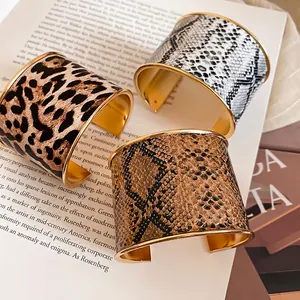 Wide Cuff Bracelet Faux Leather Leopard Snake Print Gold Metal Open Bangle Retro Statement Jewelry For Women