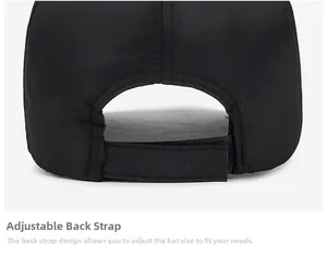 Detail of adjustable back strap on breathable black polyester outdoor fishing cap