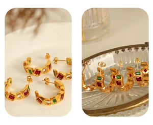 Detailed macro view of 18K gold plated C-shaped earrings with colorful square zircon stones