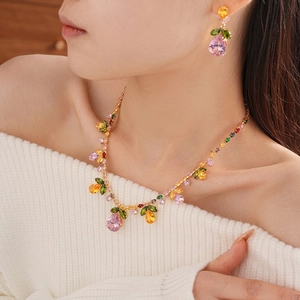 Colorful zircon drop leaf necklace and earring set with gold plating for elegant women