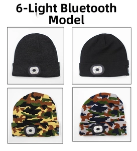 Detail of multi-functional knitted beanies with 6-LED light and built-in Bluetooth speaker