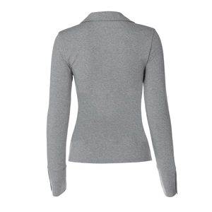 Slim fit gray long sleeve knit top showing the clean back view and collar detail