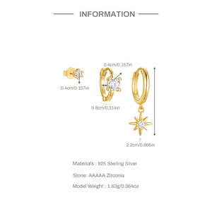Detailed view of S925 sterling silver earrings set with zirconia and size specifications