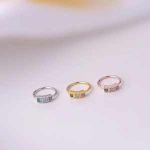 0.8x8mm nose rings in silver, gold, rose gold with five tiny multi-color cubic zirconias