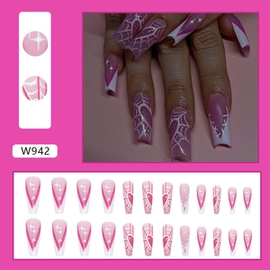 Pink and white long ballet press-on nails with spider web and star designs, set of 24 pieces