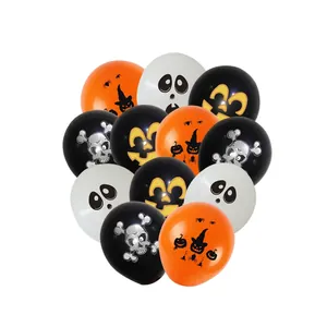 Close-up of Halloween latex balloons with pumpkin, ghost, and skull patterns in orange and black