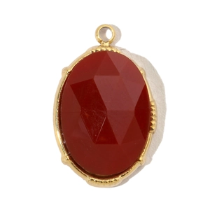 Detailed macro view of an oval red natural stone pendant in a gold stainless steel frame