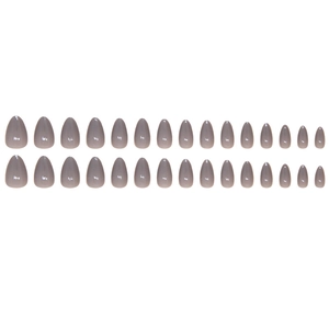 30-piece set of solid taupe almond-shaped press-on nails in various sizes on white background