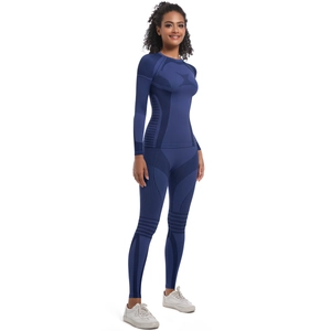 Detail of navy thermal sports set showing moisture-wicking fabric and breathable knit texture