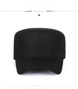 Close-up of black winter military cap featuring SPORT embroidery and sturdy visor