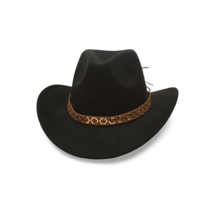 Detail of a black felt cowboy hat with a brown woven ethnic pattern band and wide brim