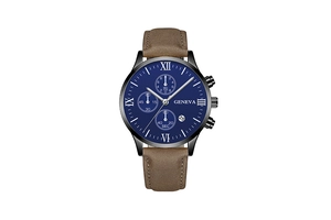 Detail of blue Geneva watch face with Roman numerals and brown leather strap