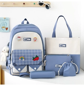 Blue and white plaid school backpack five-piece set including tote bag and pencil case
